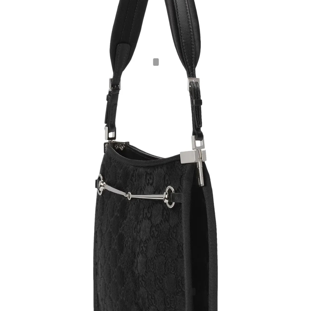 Gucci Horsebit Cakf Hair Monogram SlimBlack Shoulder Bag Black